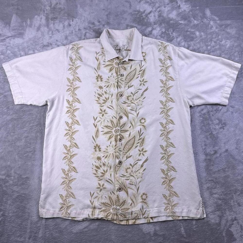 Tommy Bahama Shirt Mens Medium Cream Floral Hawaiian 100% Silk Short Sleeve